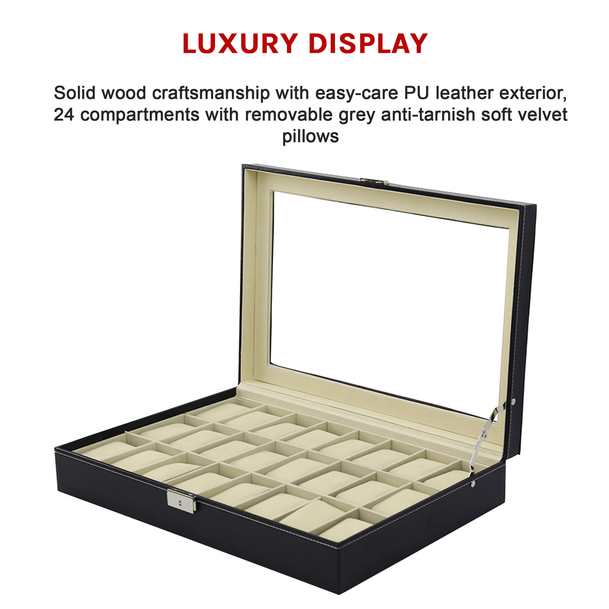 Watch Box - 24 Slot Luxury Display Case With Framed Glass Lid