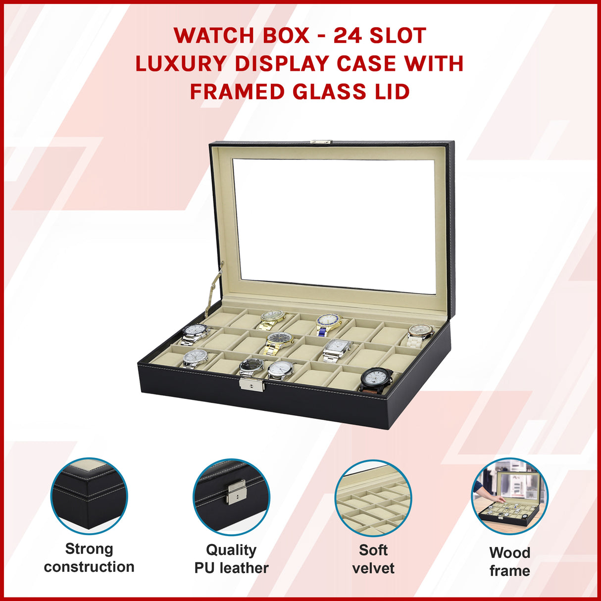 Watch Box - 24 Slot Luxury Display Case With Framed Glass Lid