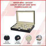 Watch Box - 24 Slot Luxury Display Case With Framed Glass Lid - Front View