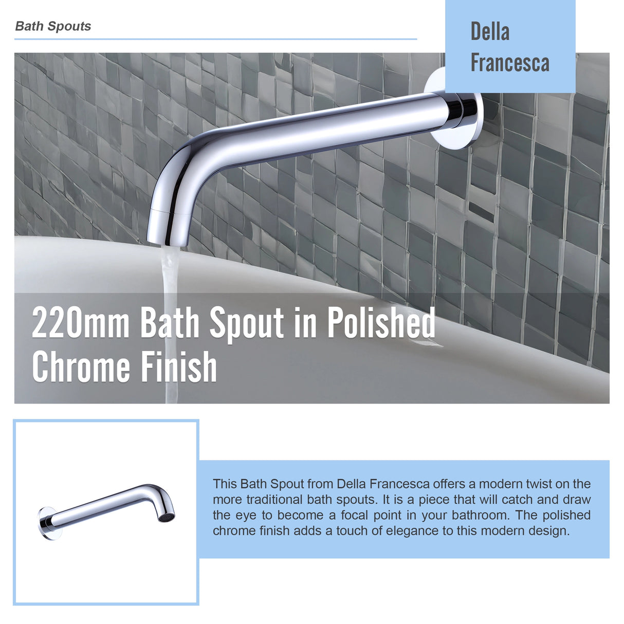 220mm Bath Spout in Polished Chrome Finish
