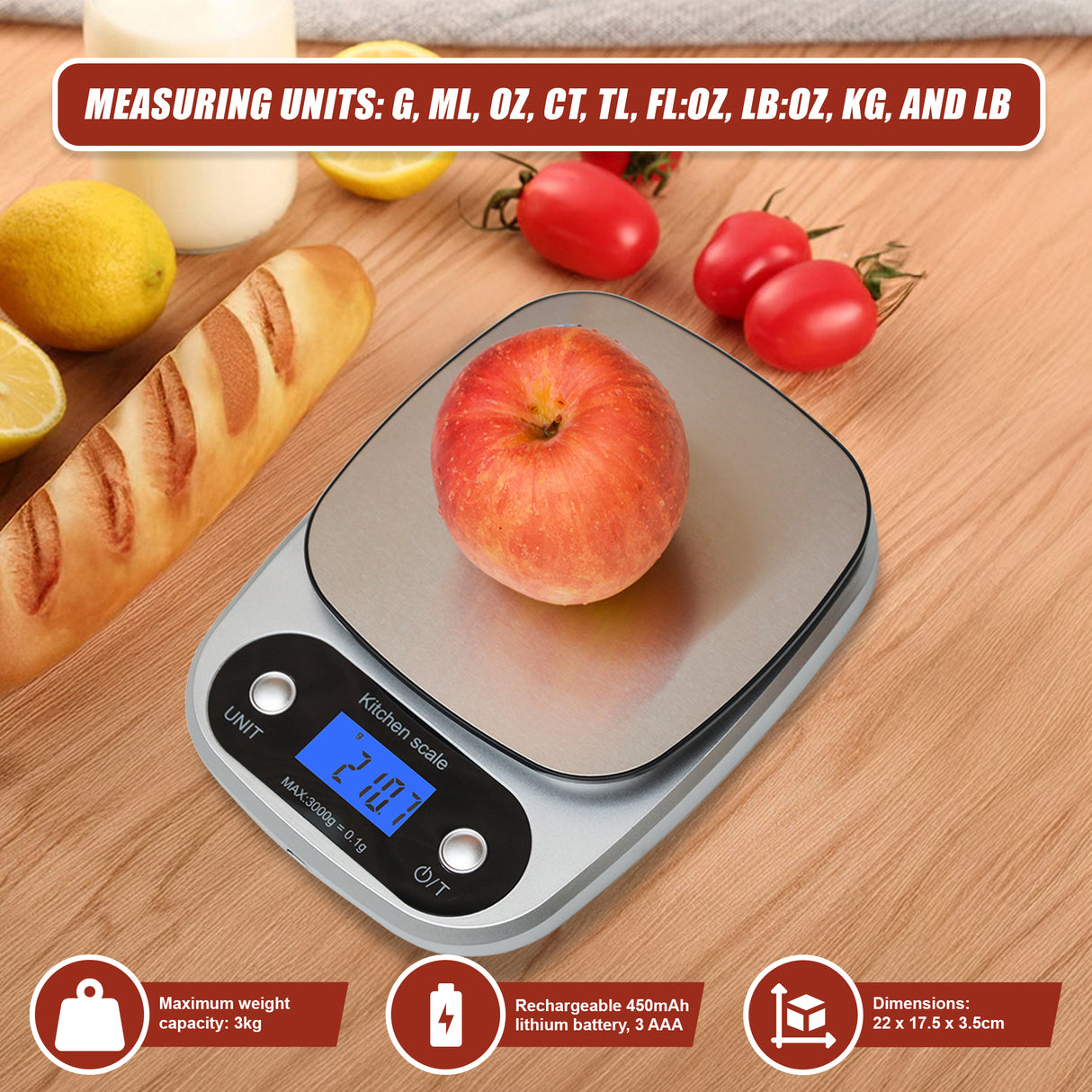 0.1g Digital Kitchen Scale 3kg Rechargeable High Precision Food
