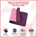 8mm TPE Yoga Mat Exercise Fitness Gym Pilates Non Slip Dual Layer - Front View