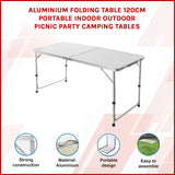 Aluminium Folding Table 120cm Portable Indoor Outdoor Picnic Party Camping Tables - Front View