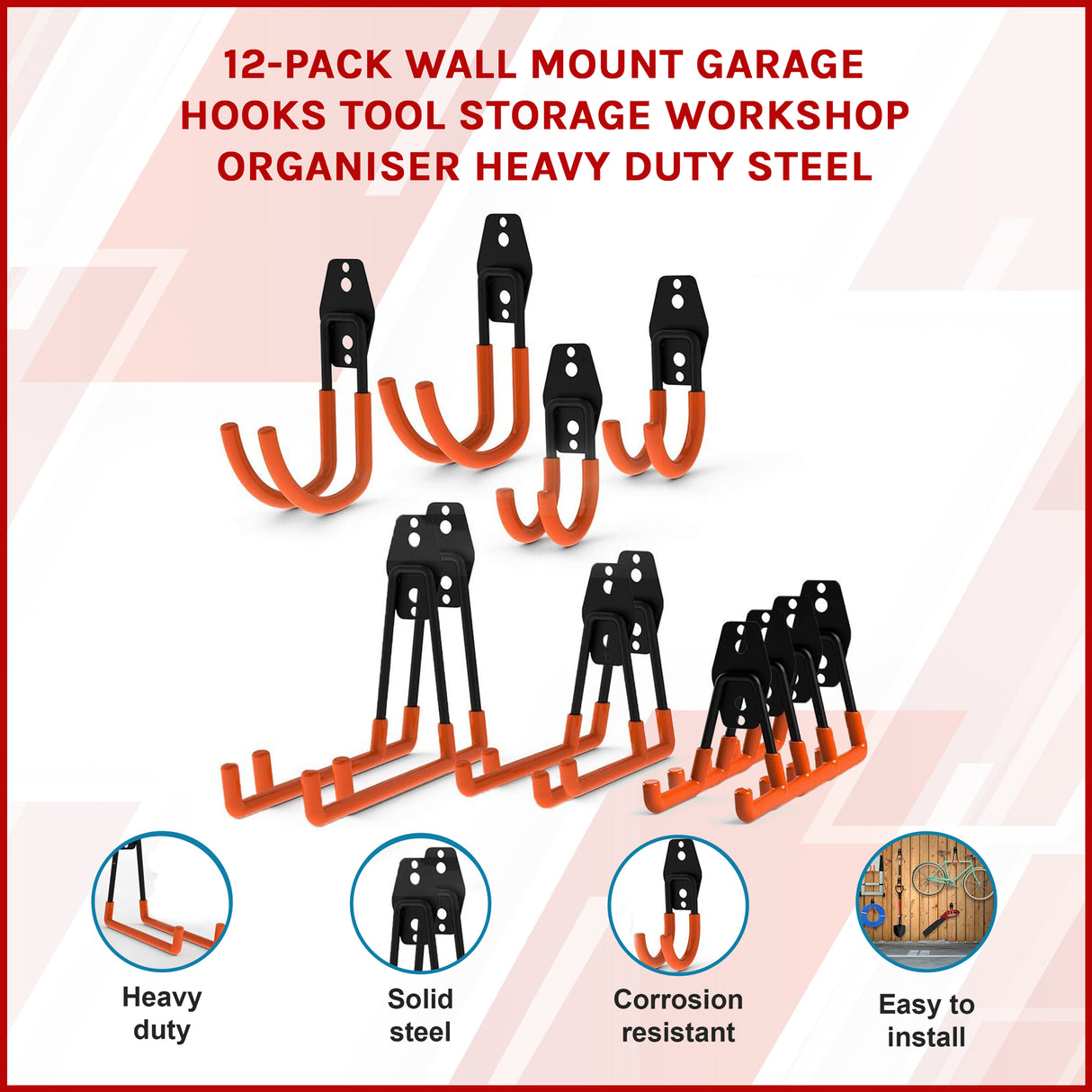 12-Pack Wall Mount Garage Hooks Tool Storage Workshop Organiser Heavy Duty Steel