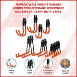 12-Pack Wall Mount Garage Hooks Tool Storage Workshop Organiser Heavy Duty Steel - Front View