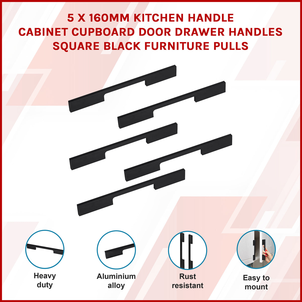 5 x 160mm Kitchen Handle Cabinet Cupboard Door Drawer Handles square Black furniture pulls