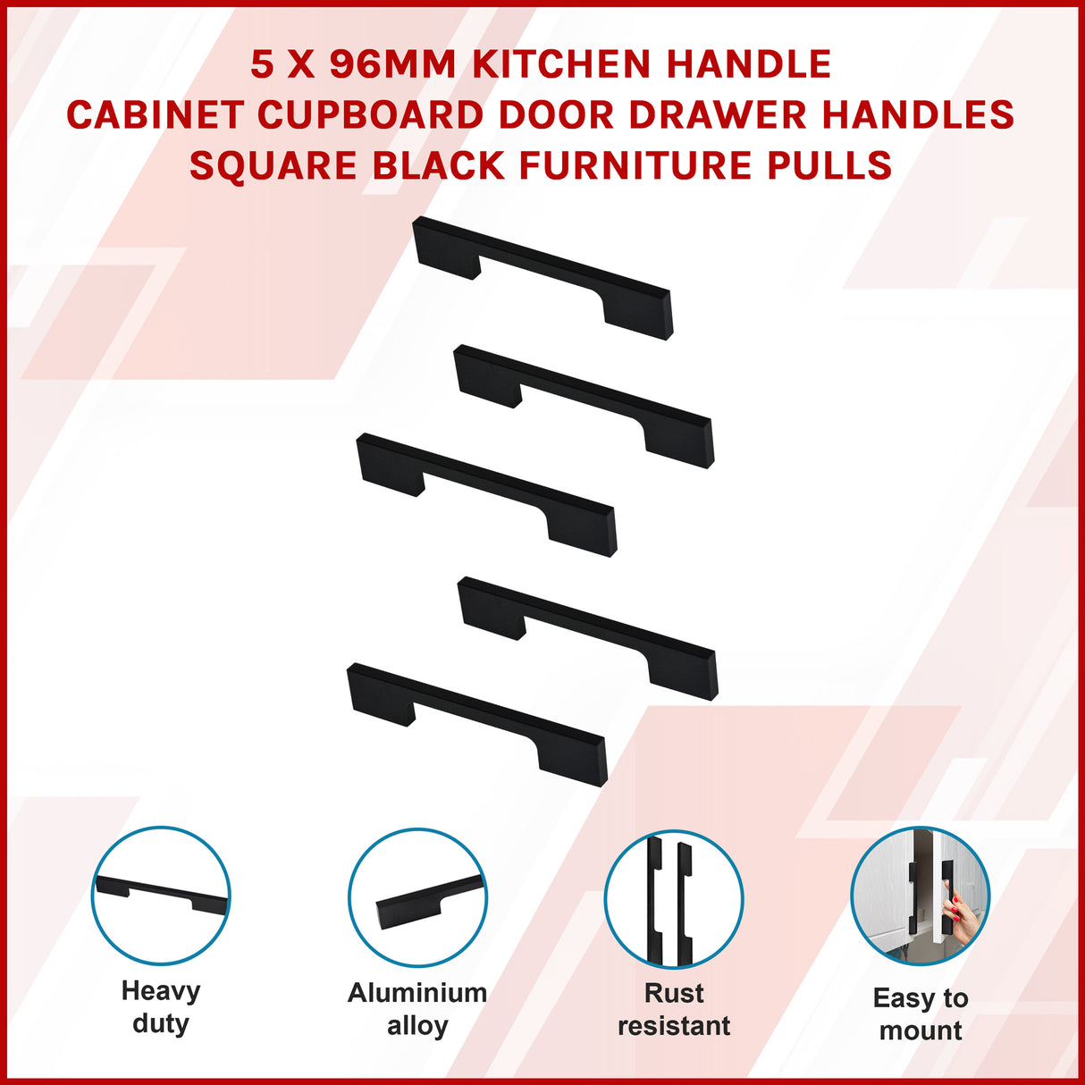 5 x 96mm Kitchen Handle Cabinet Cupboard Door Drawer Handles square Black furniture pulls
