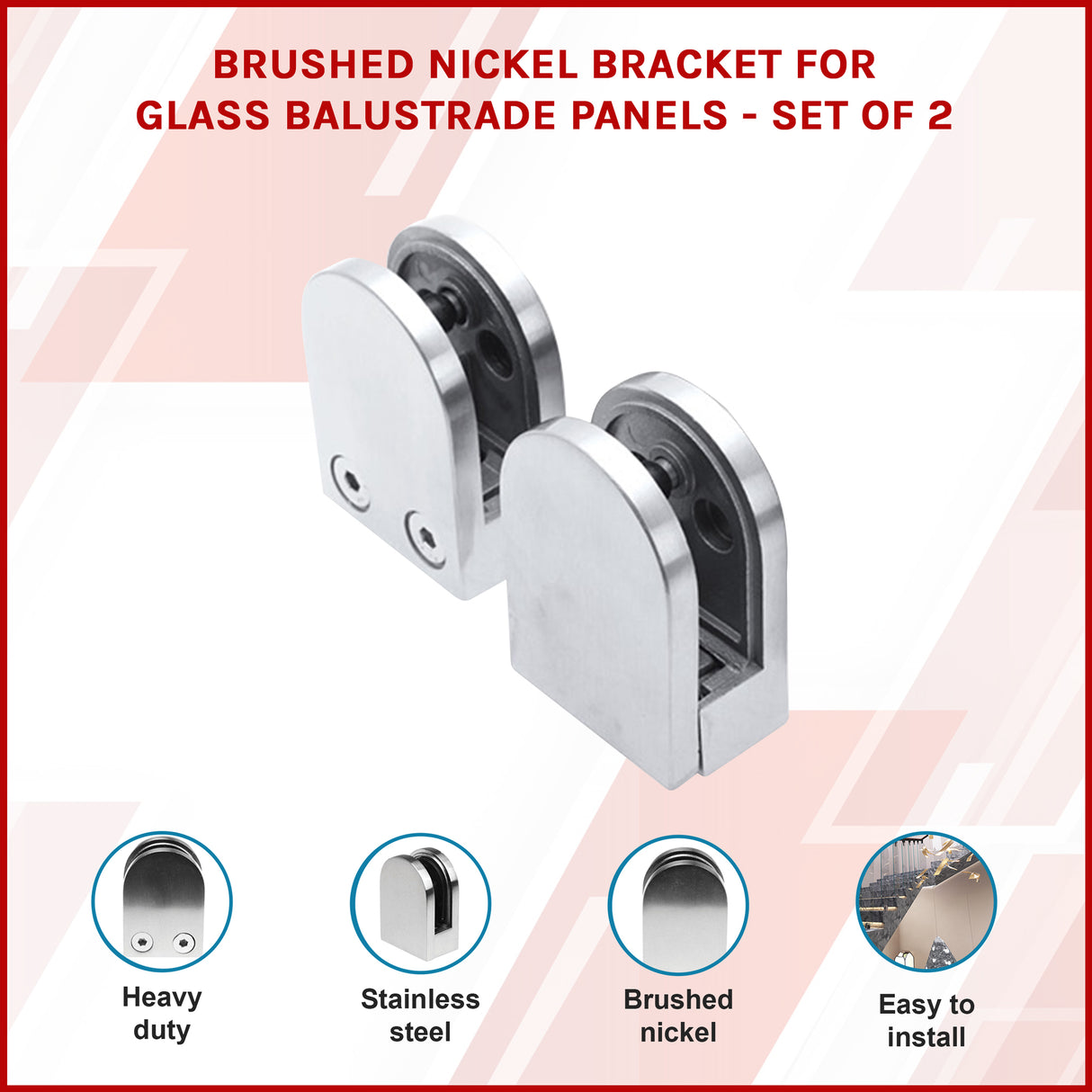 Brushed Nickel Bracket for Glass Balustrade Panels - Set of 2