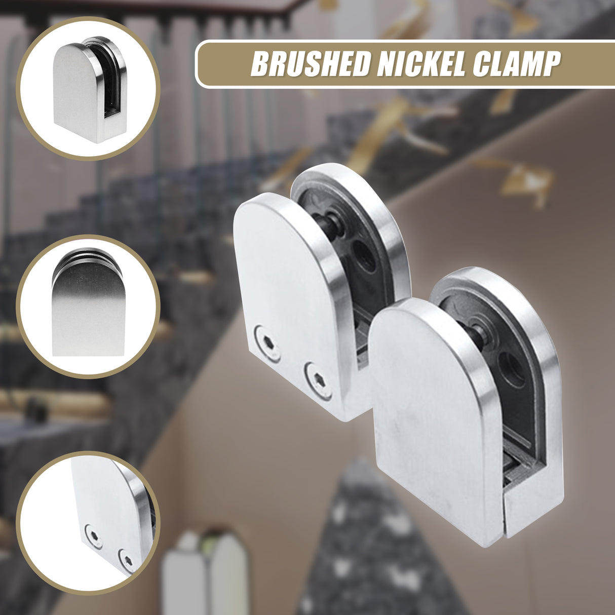 Brushed Nickel Bracket for Glass Balustrade Panels - Set of 2