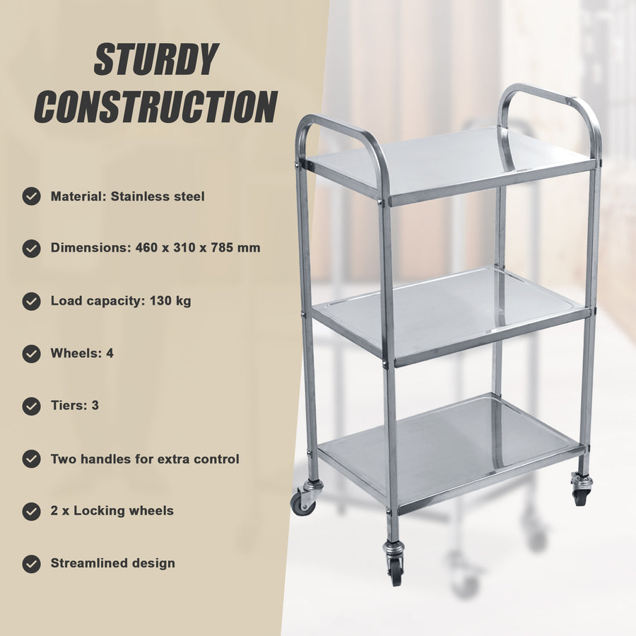 3 Tiers Food Trolley Cart Stainless Steel Utility Kitchen Dining Service