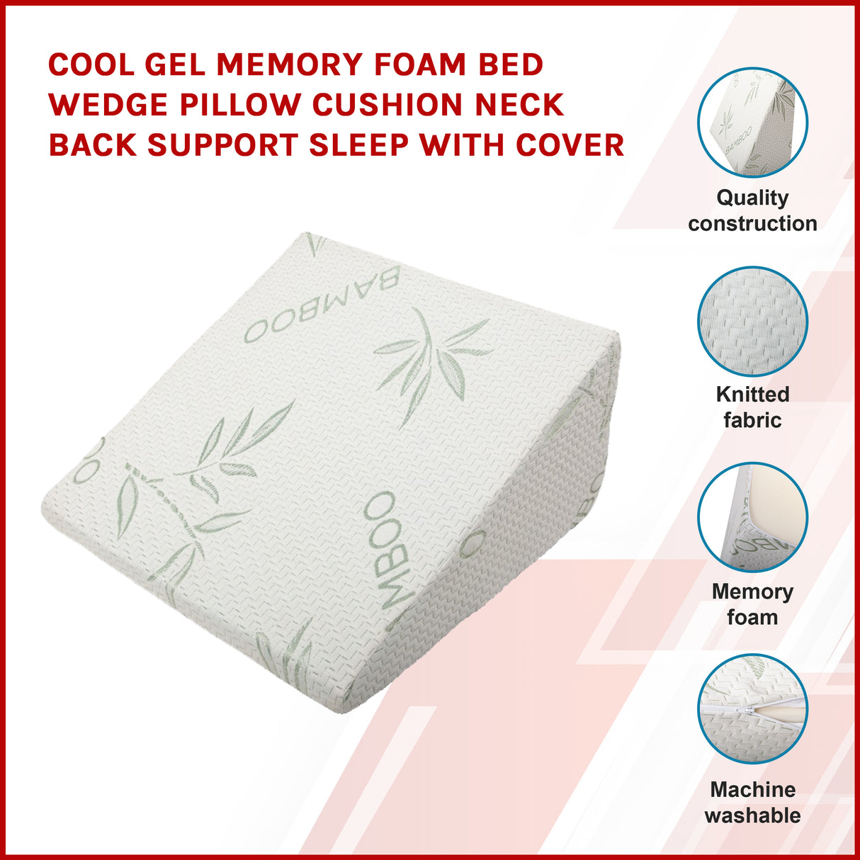 Cool Gel Memory Foam Bed Wedge Pillow Cushion Neck Back Support Sleep with Cover