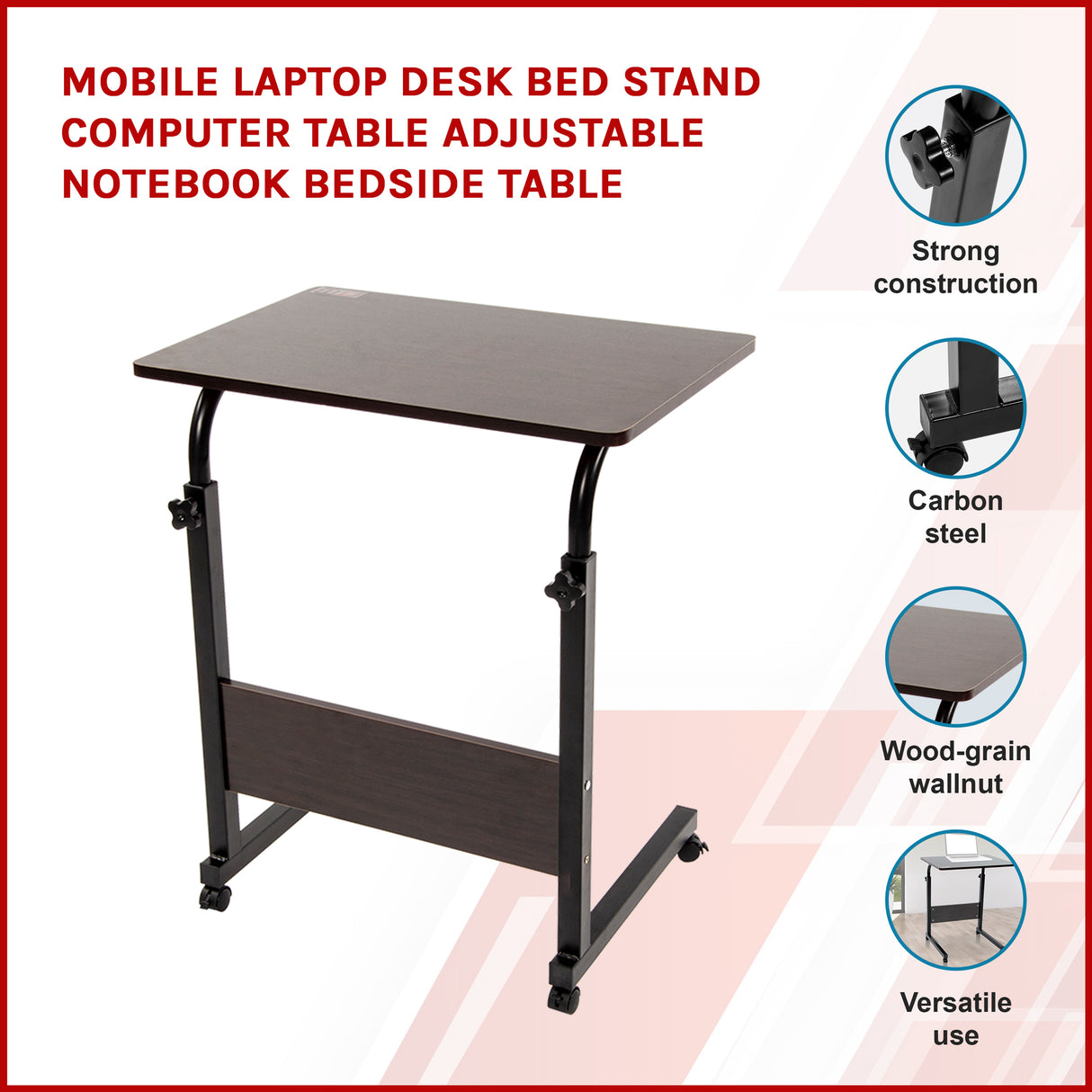 Mobile Laptop Desk Bed Stand Computer Table Adjustable Notebook Bedside Table