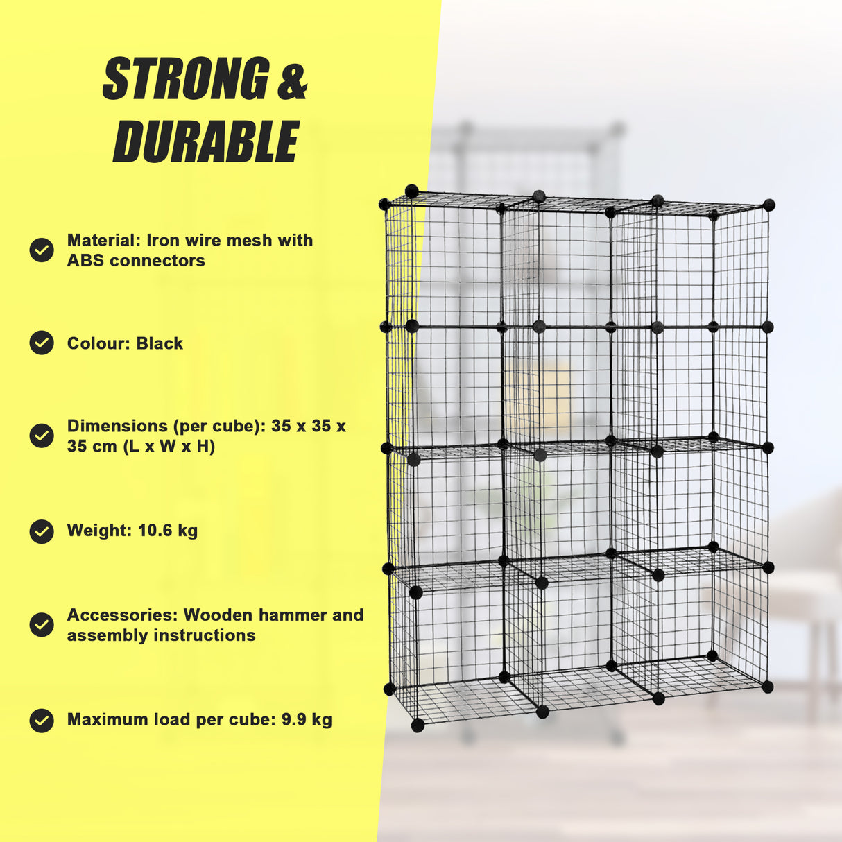 12 Cube Wire Grid Organiser Bookcase Storage Cabinet Wardrobe Closet Black