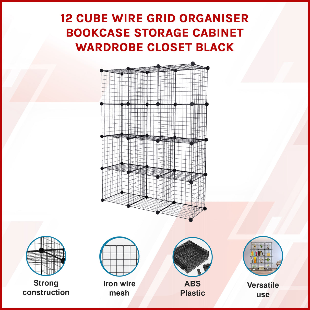 12 Cube Wire Grid Organiser Bookcase Storage Cabinet Wardrobe Closet Black
