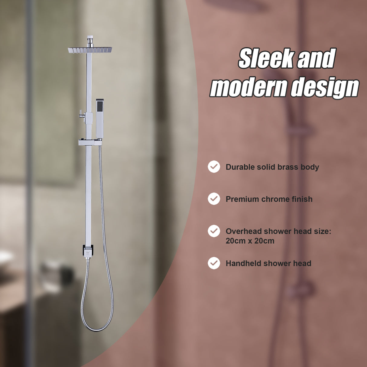 WELS 8" Rain Shower Head Set Square Dual Heads Faucet High Pressure Hand Held