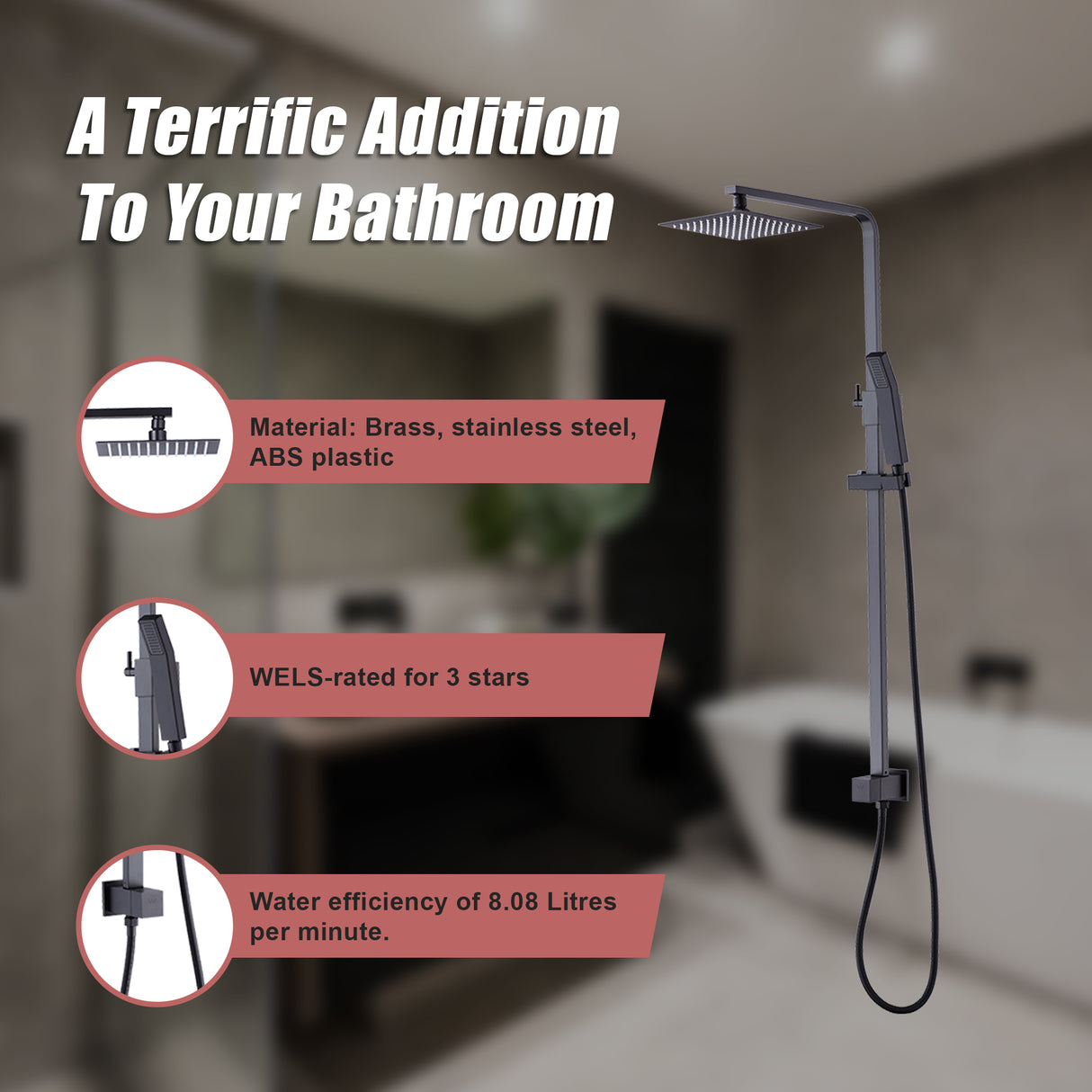 WELS 8" Rain Shower Head Set Square Dual Heads Faucet High Pressure Hand Held