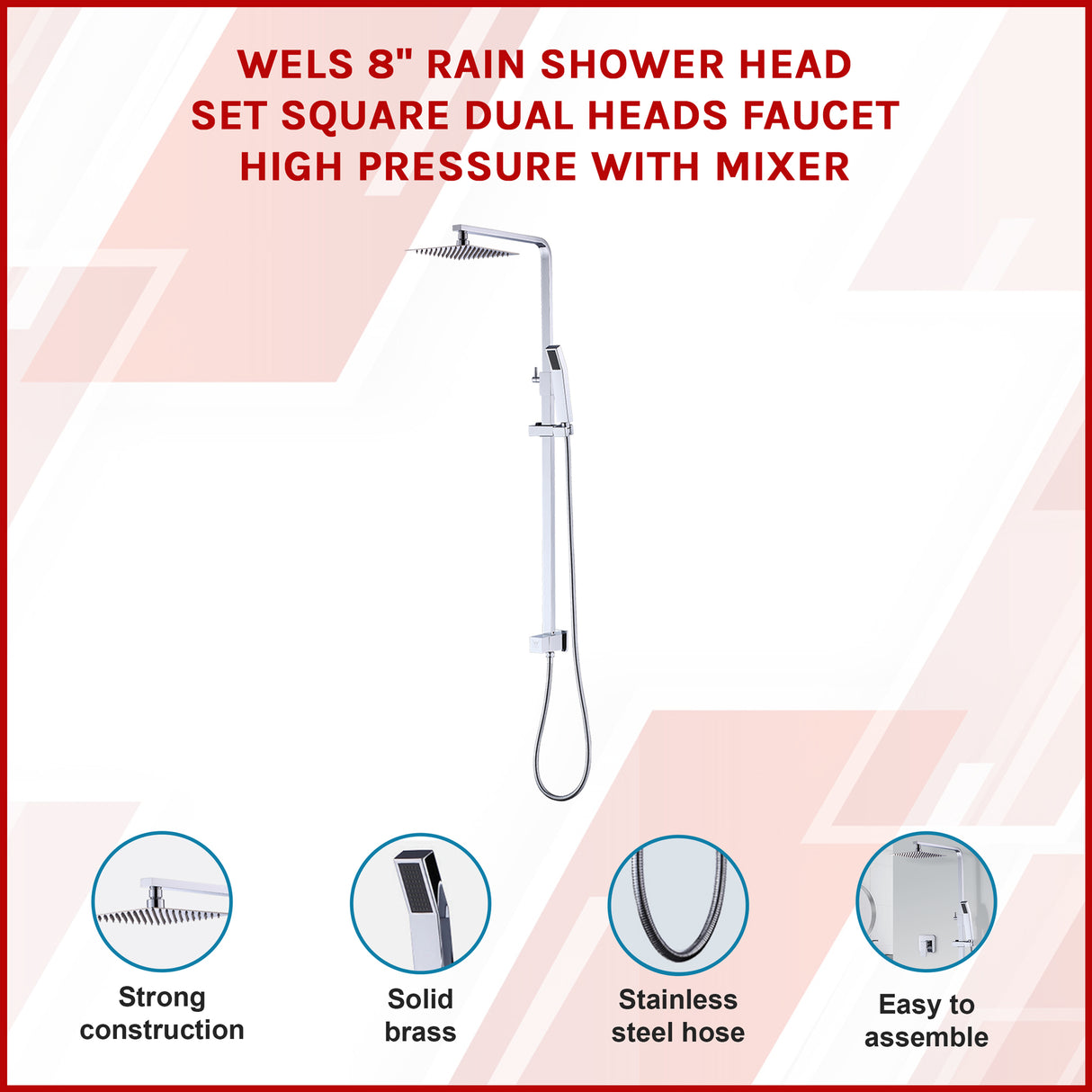 WELS 8" Rain Shower Head Set Square Dual Heads Faucet High Pressure With Mixer
