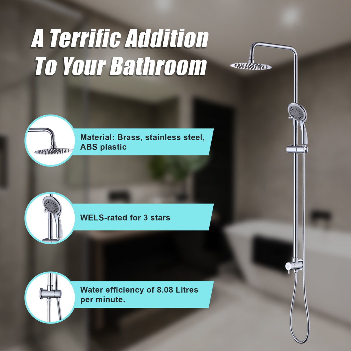 WELS 8" Rain Shower Head Set Rounded Dual Heads Faucet High Pressure Hand Held