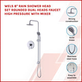 WELS 8" Rain Shower Head Set Rounded Dual Heads Faucet High Pressure With Mixer