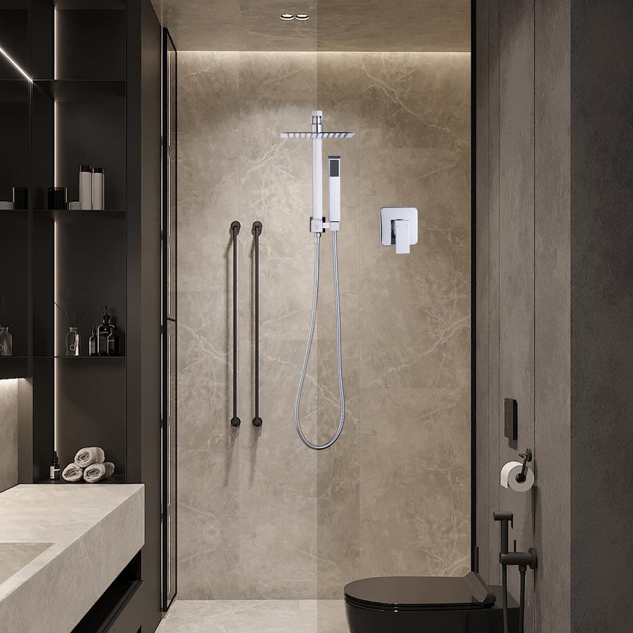 WELS 8" Rain Shower Head Set Square Dual Heads Faucet High Pressure With Mixer