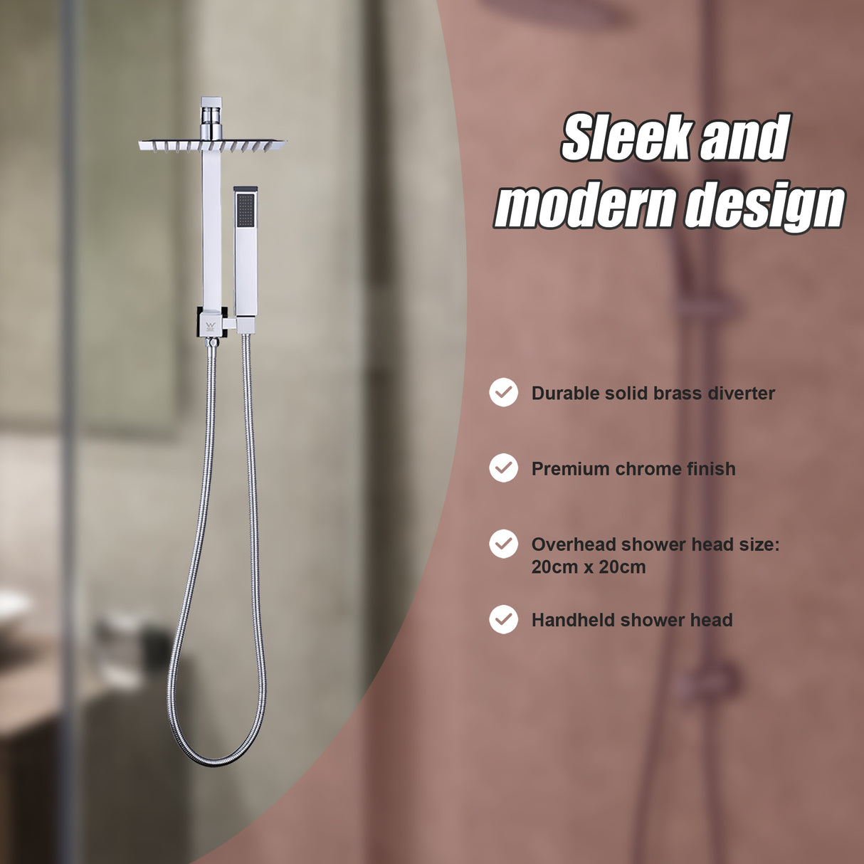 WELS 8" Rain Shower Head Set Square Dual Heads Faucet High Pressure Hand Held