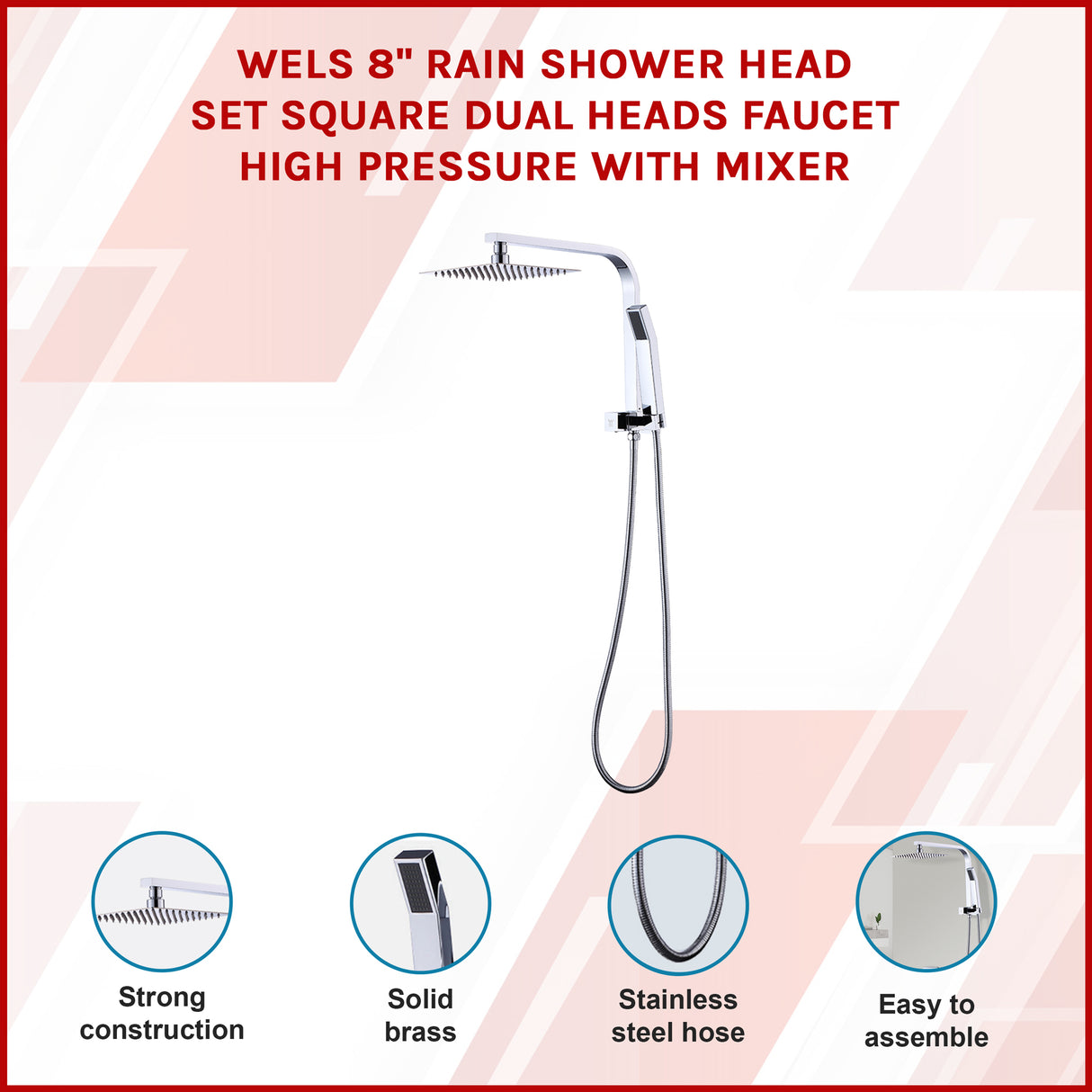 WELS 8" Rain Shower Head Set Square Dual Heads Faucet High Pressure Hand Held