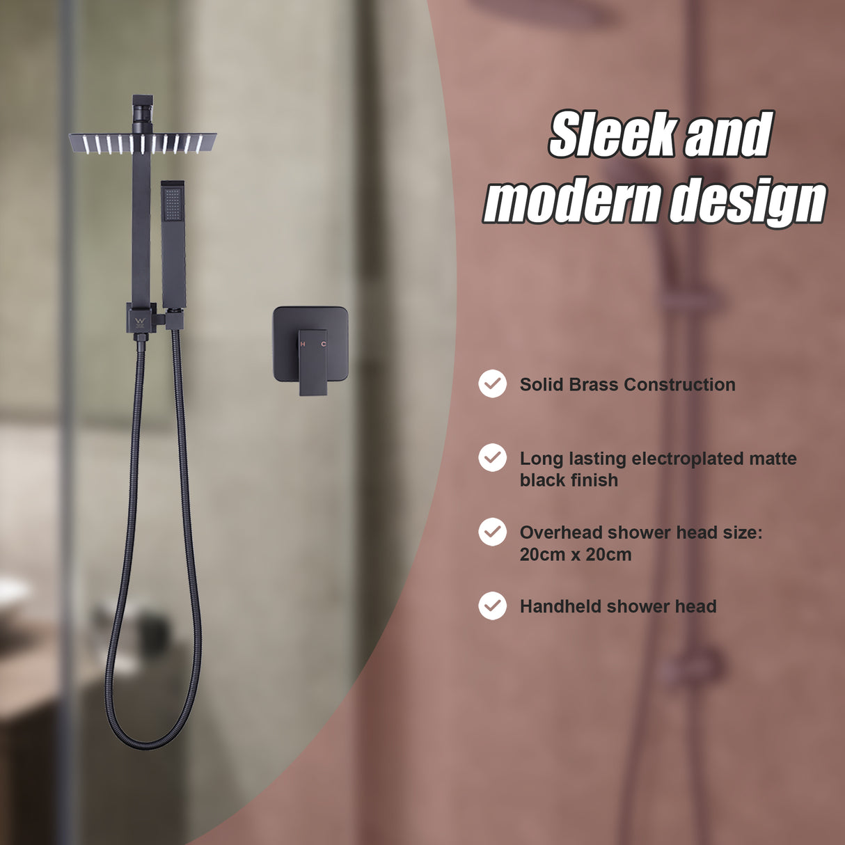 WELS 8" Rain Shower Head Set Square Dual Heads Faucet High Pressure With Mixer