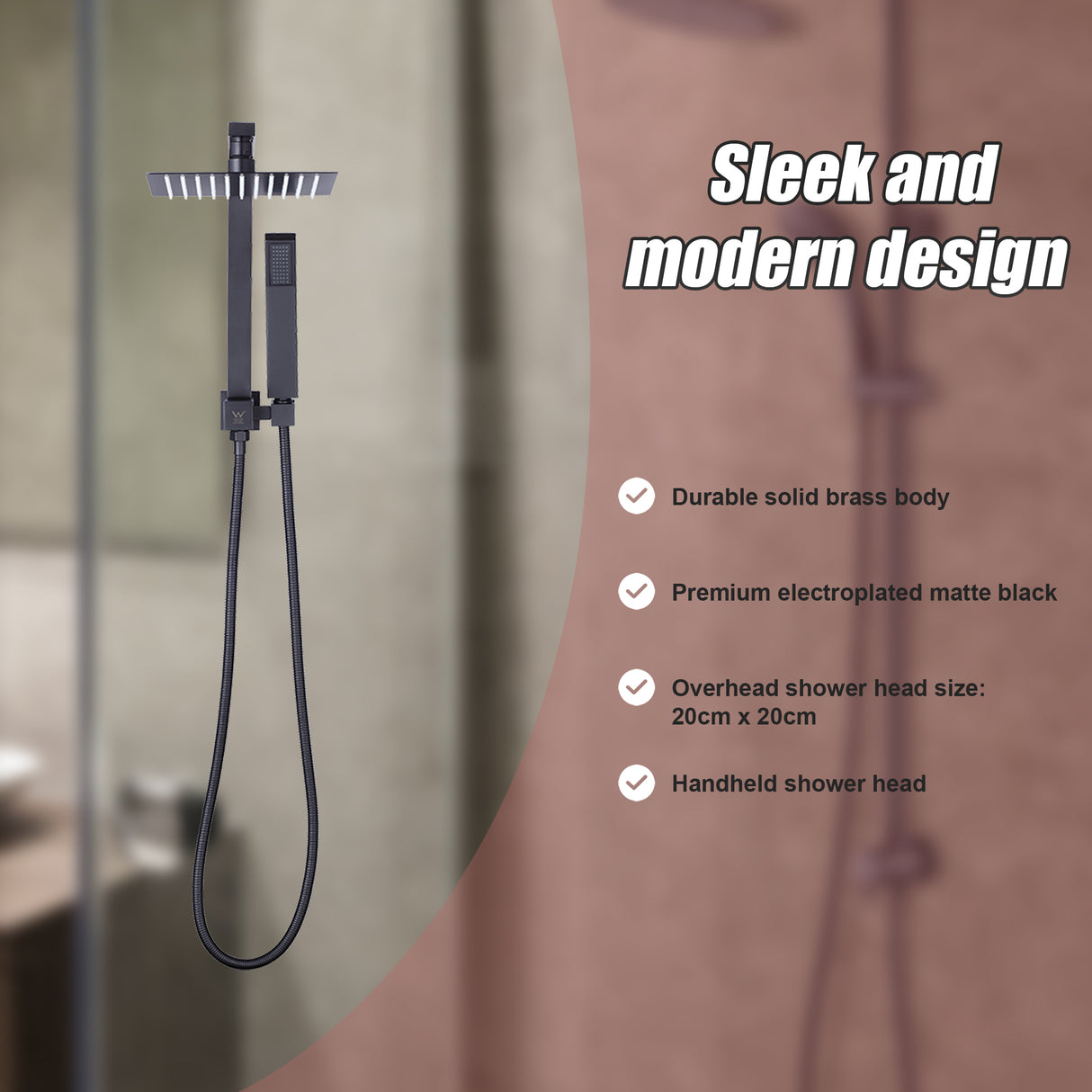 WELS 8" Rain Shower Head Set Square Dual Heads Faucet High Pressure Hand Held