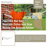 26m 5 Arm Wall Hang Mountable Clothes Airer Dryer Washing Line Bathroom Kitchen - 45-Degree Angle