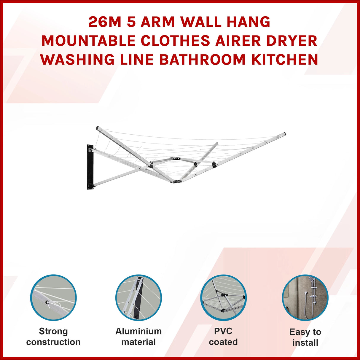 26m 5 Arm Wall Hang Mountable Clothes Airer Dryer Washing Line Bathroom Kitchen