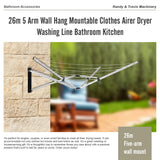 26m 5 Arm Wall Hang Mountable Clothes Airer Dryer Washing Line Bathroom Kitchen - Close-Up Angle