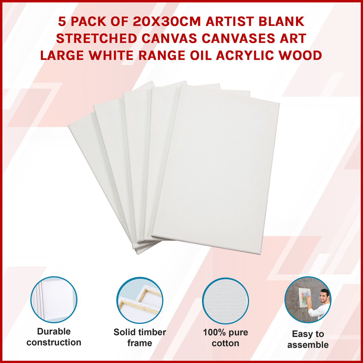 5 pack of 20x30cm Artist Blank Stretched Canvas Canvases Art Large White Range Oil Acrylic Wood
