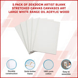 5 pack of 20x30cm Artist Blank Stretched Canvas Canvases Art Large White Range Oil Acrylic Wood