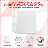 5 pack of 50x60cm Artist Blank Stretched Canvas Canvases Art Large White Range Oil Acrylic Wood - Front View