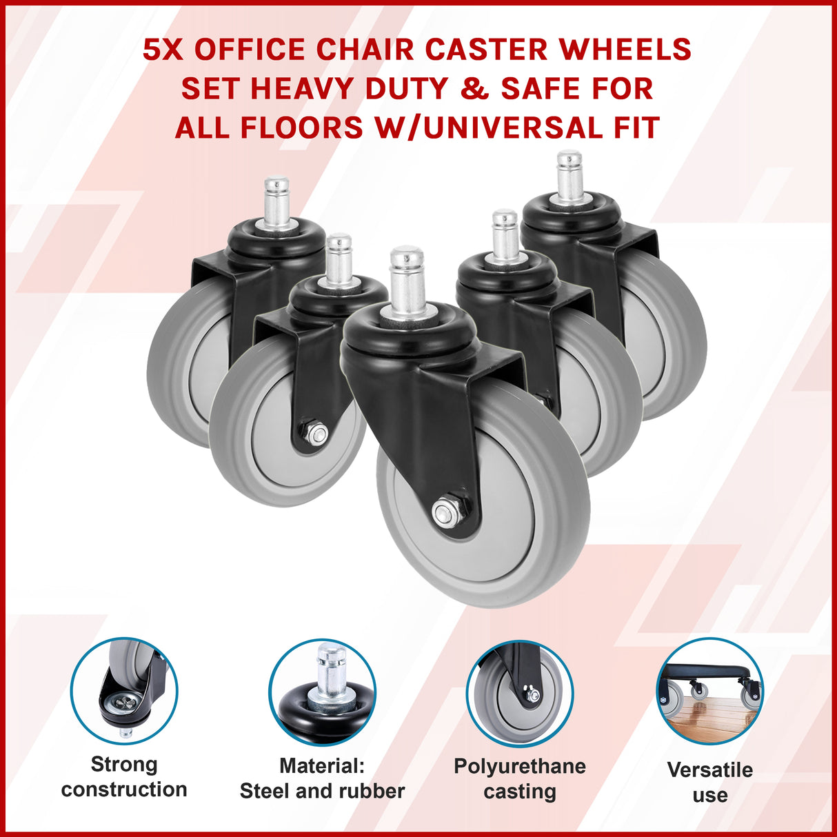 5x Office Chair Caster Wheels Set &ndash; Heavy Duty Universal Replacement for All Floors