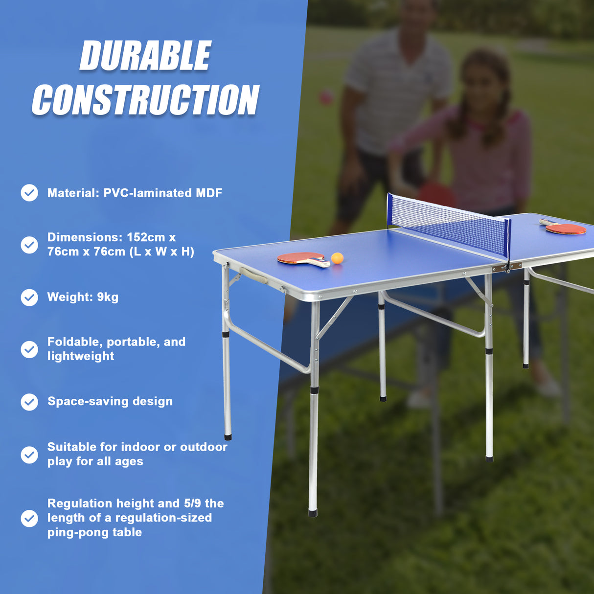 152cm Portable Tennis Table, Folding Ping Pong Table Game Set