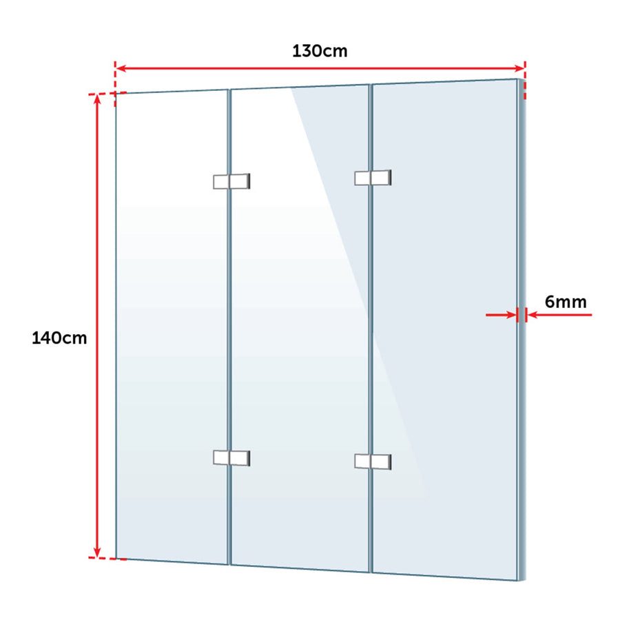 3 Fold Chrome Folding Bath Shower Screen Door Panel 1300mm x 1400mm