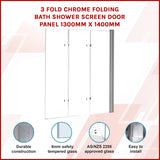 3 Fold Chrome Folding Bath Shower Screen Door Panel 1300mm x 1400mm - Front View