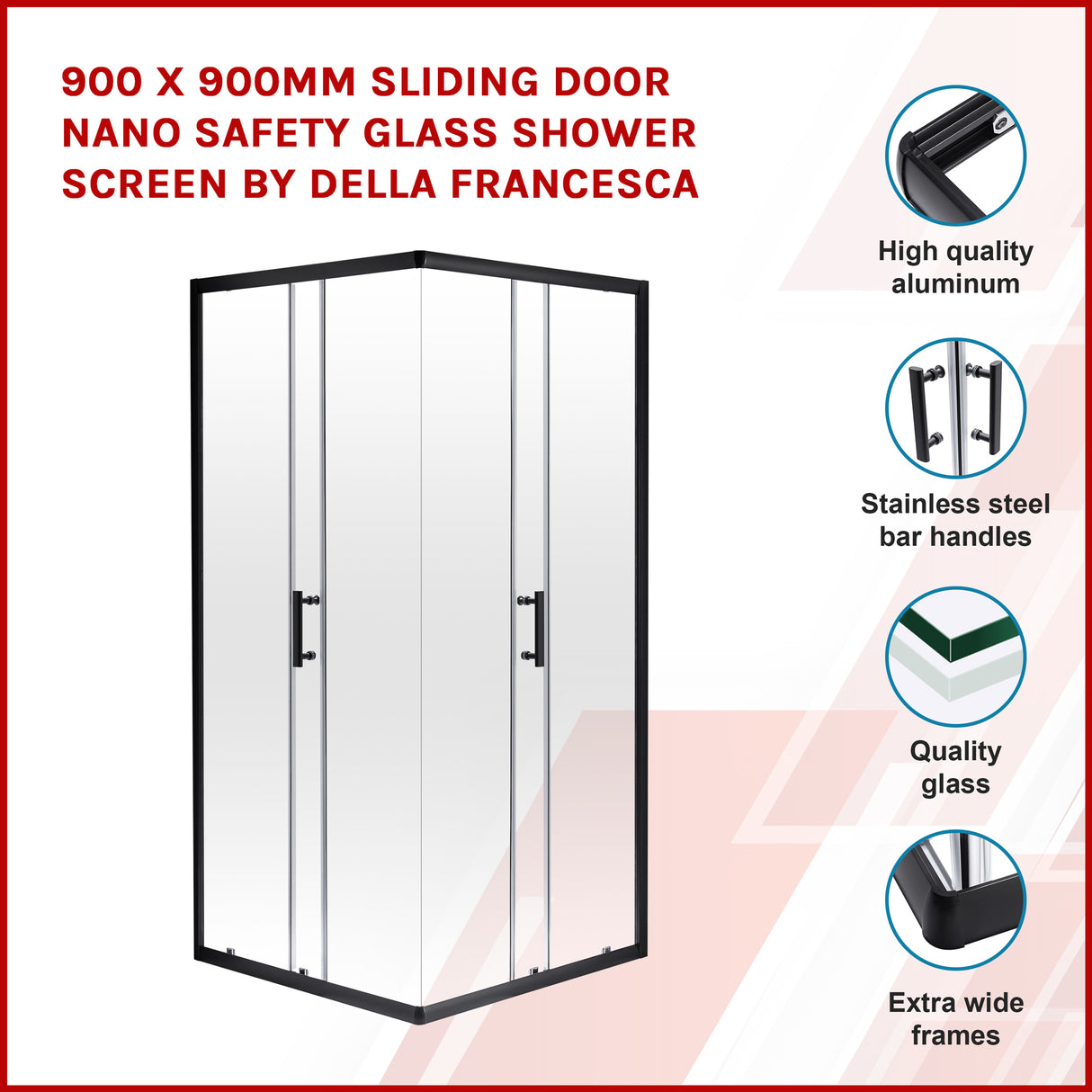900 x 900mm Sliding Door Nano Safety Glass Shower Screen By Della Francesca