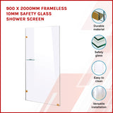 900 x 2000mm Frameless 10mm Safety Glass Shower Screen - Front View