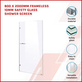 800 x 2000mm Frameless 10mm Safety Glass Shower Screen