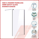 1000 x 2100mm Frameless 10mm Safety Glass Shower Screen - Front View