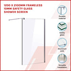1200 x 2100mm Frameless 10mm Safety Glass Shower Screen