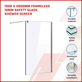 1000 x 2000mm Frameless 10mm Safety Glass Shower Screen - Front View