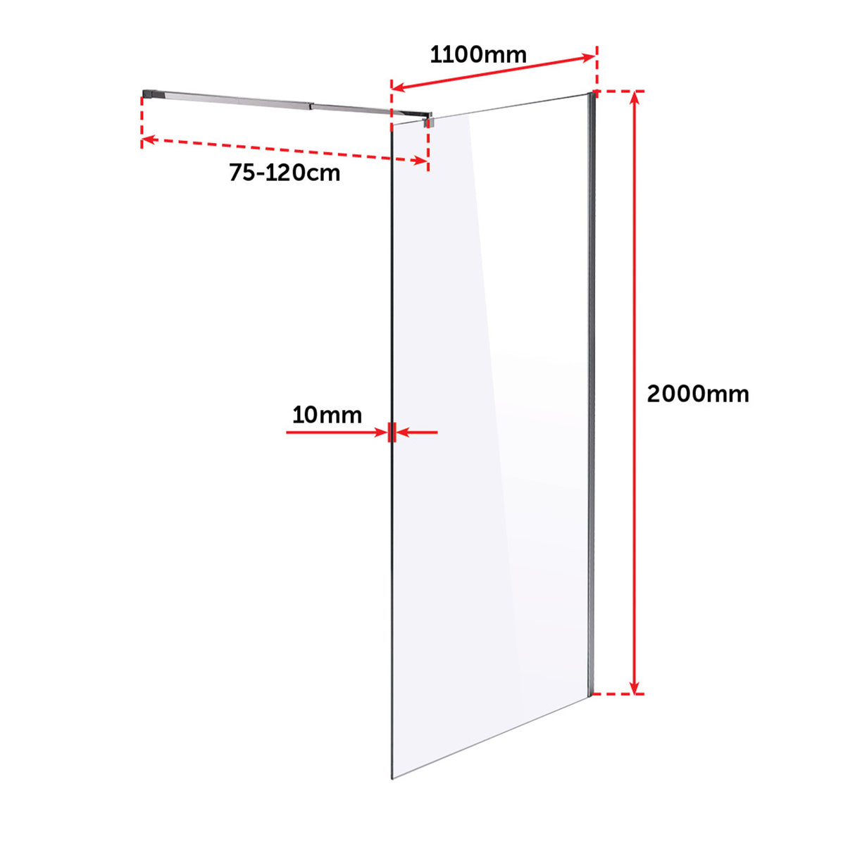 1100 x 2000mm Frameless 10mm Safety Glass Shower Screen