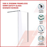 1100 x 2100mm Frameless 10mm Safety Glass Shower Screen - Front View