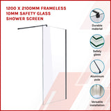 1200 x 2100mm Frameless 10mm Safety Glass Shower Screen - Front View
