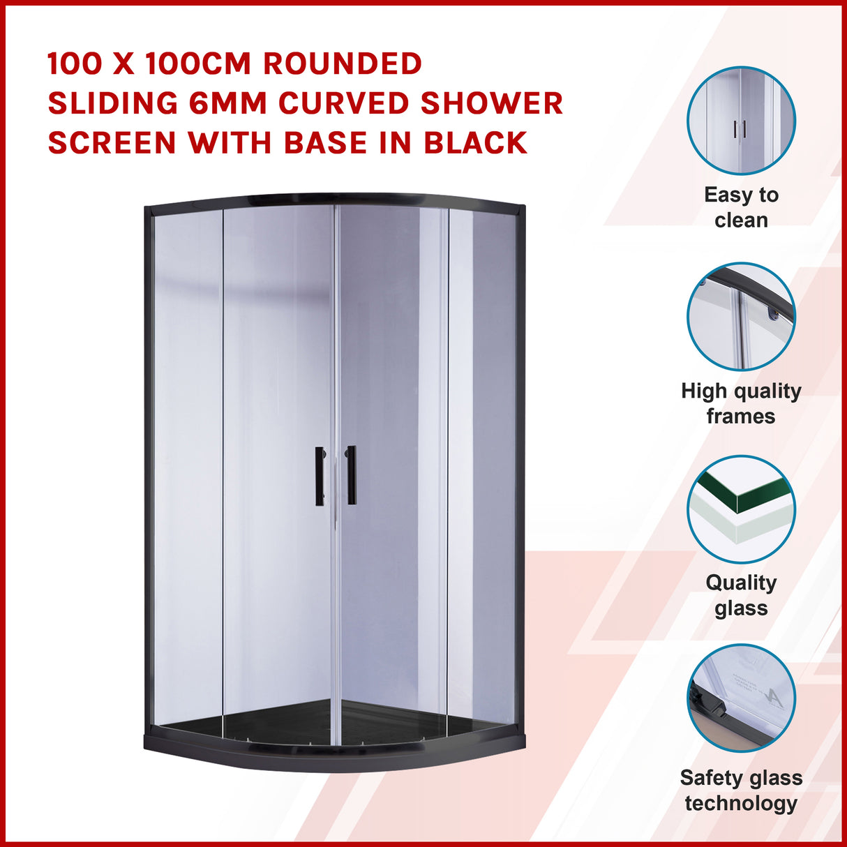 100 x 100cm Rounded Sliding 6mm Curved Shower Screen with Base in Black