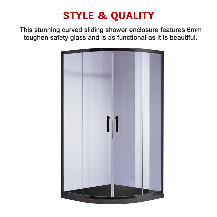 100 x 100cm Rounded Sliding 6mm Curved Shower Screen with Base in Black