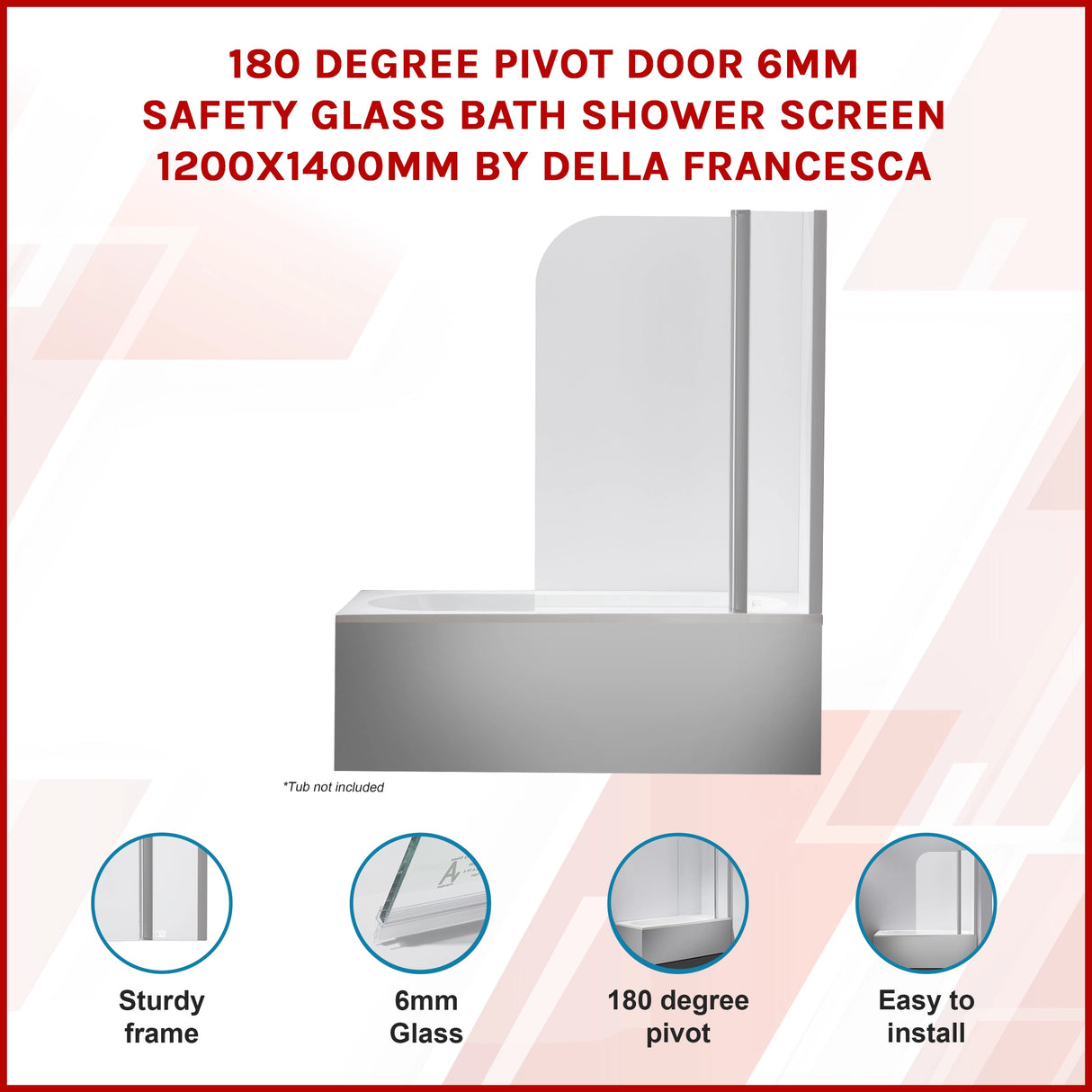 180 Degree Pivot Door 6mm Safety Glass Bath Shower Screen 1200x1400mm